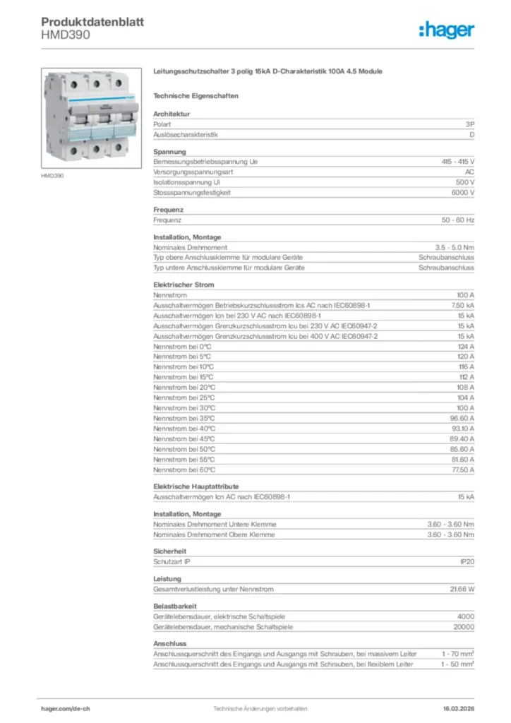 Bild Hager Produktdatenblatt HMD390 | Hager Schweiz
