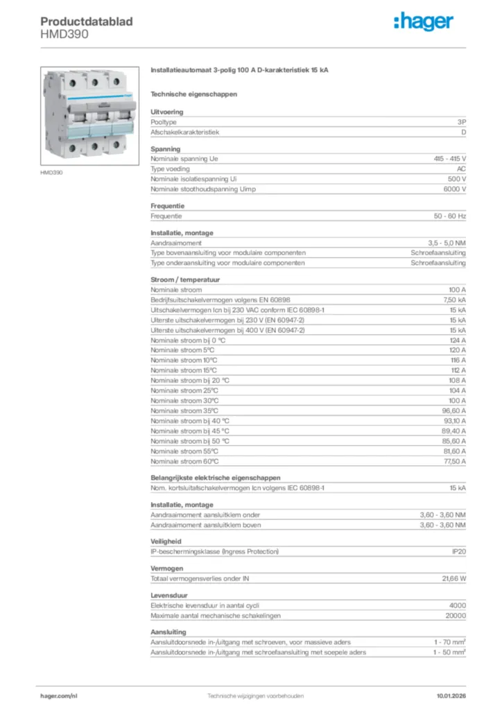 Afbeelding Hager Productdatablad HMD390 | Hager Nederland