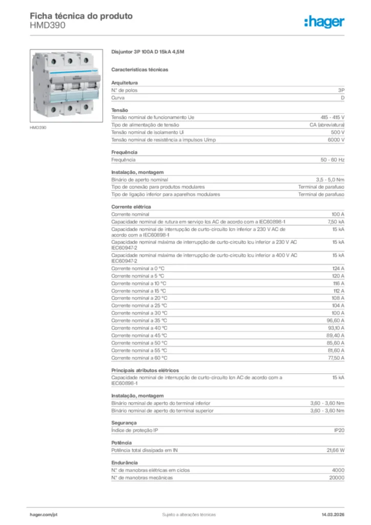 Imagem Hager Ficha técnica do produto HMD390 | Hager Portugal