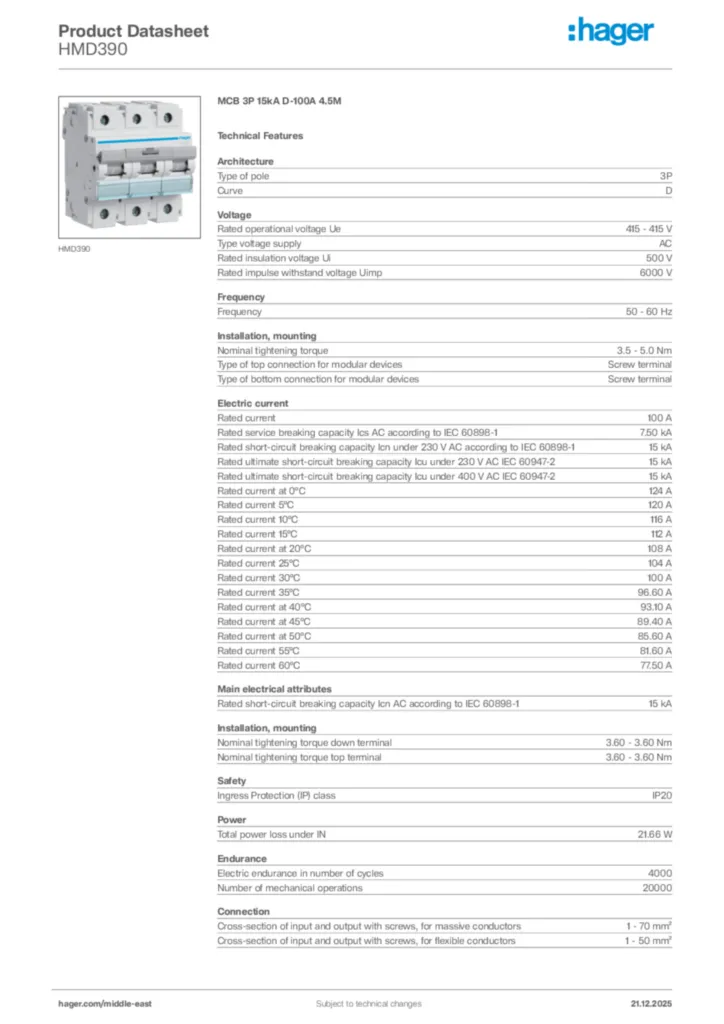 Image Hager Product data sheet HMD390  | Hager