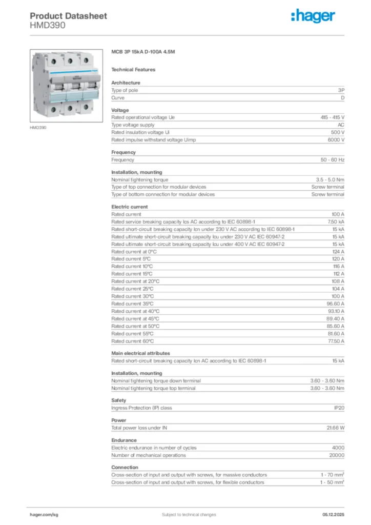 Image Hager Product data sheet HMD390  | Hager