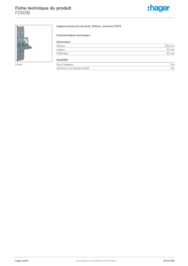 Image Hager Fiche technique du produit FZ801B | Hager France