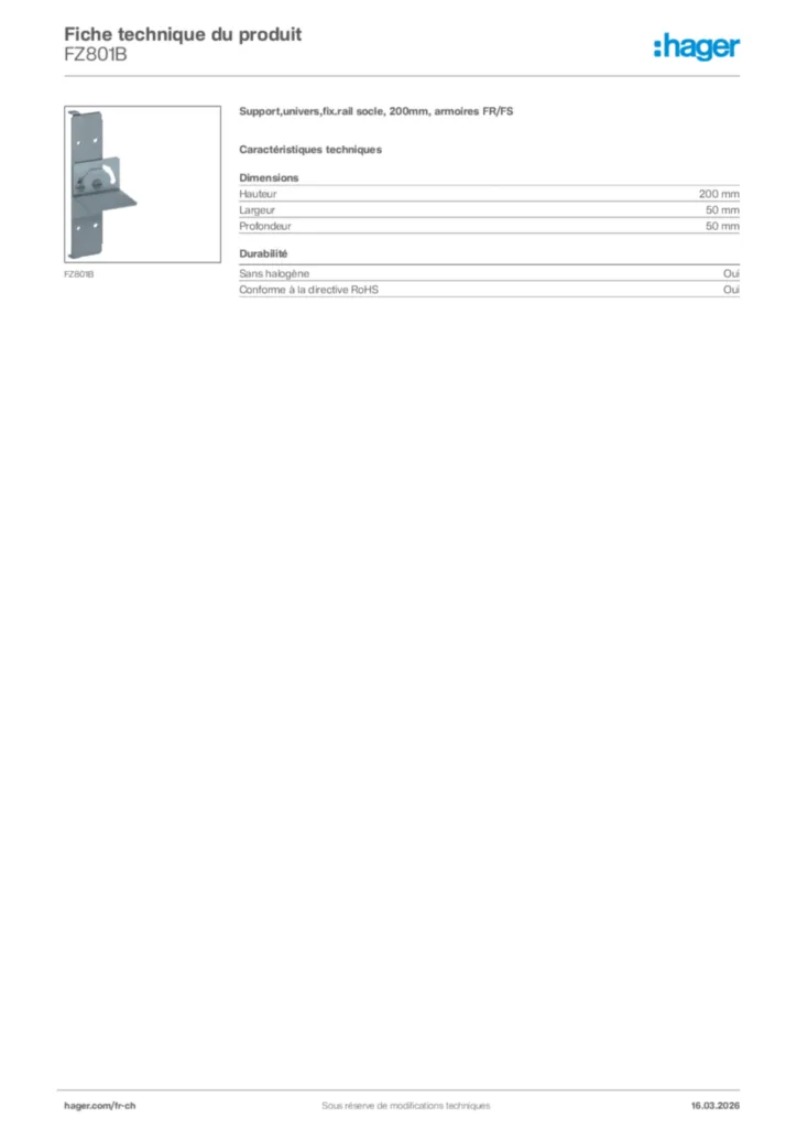Image Hager Fiche technique du produit FZ801B | Hager Suisse