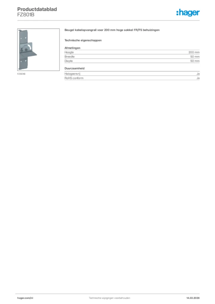 Afbeelding Hager Productdatablad FZ801B | Hager Nederland