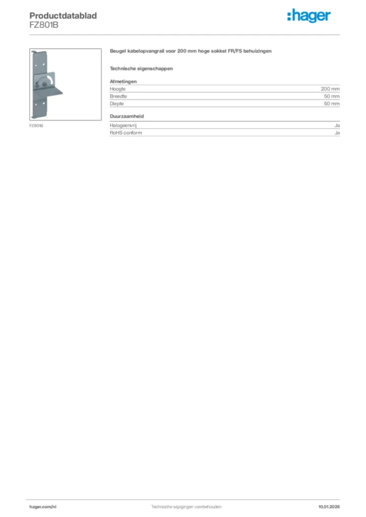 Afbeelding Hager Productdatablad FZ801B | Hager Nederland
