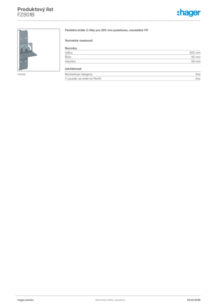 Obrázek Hager Product data sheet FZ801B | Hager