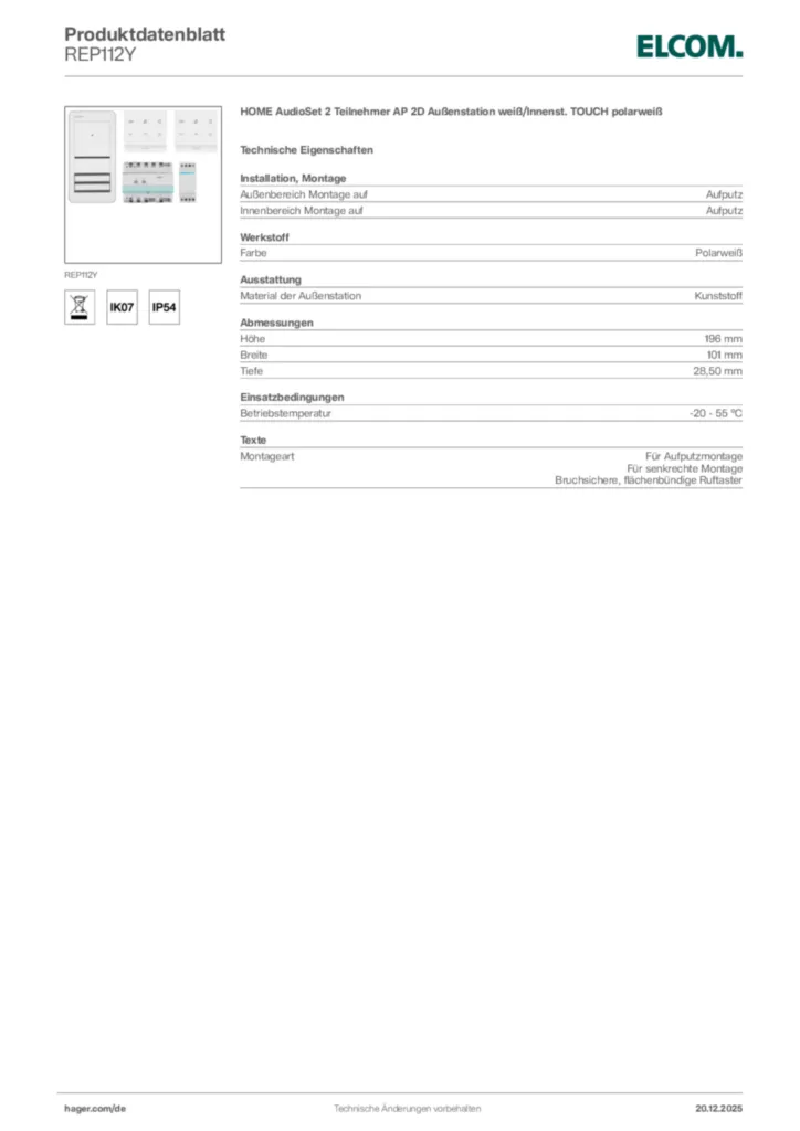 Bild Elcom Produktdatenblatt REP112Y | Hager Deutschland