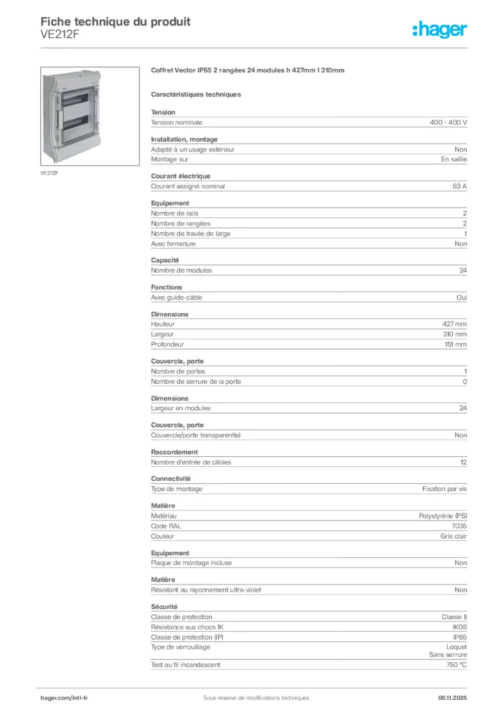 Image Hager Fiche technique du produit VE212F | Hager Afrique
