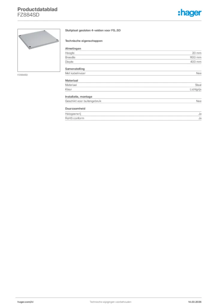 Afbeelding Hager Productdatablad FZ884SD | Hager Nederland