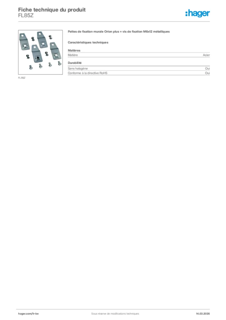 Image Hager Fiche technique du produit FL85Z | Hager Belgique