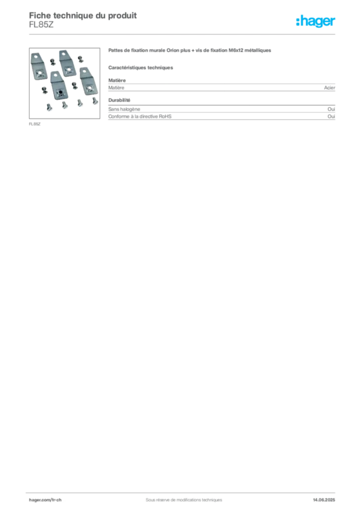Image Hager Fiche technique du produit FL85Z | Hager Suisse