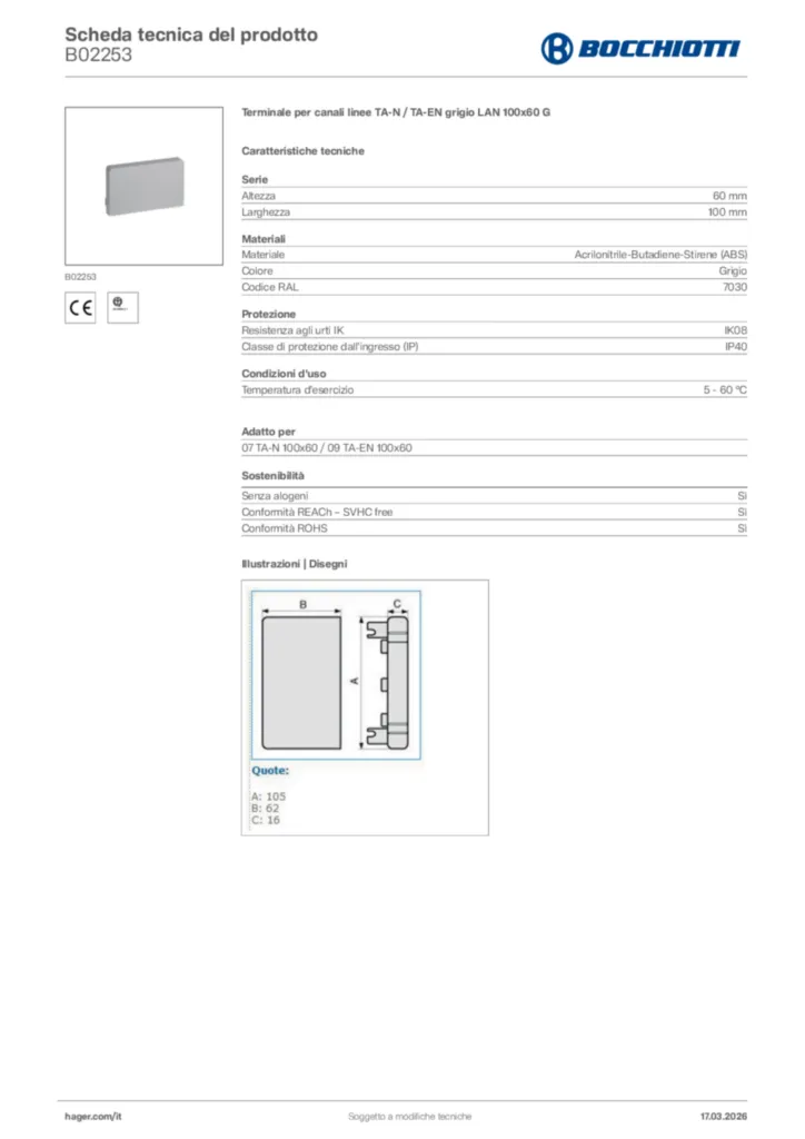 Immagine Bocchiotti Scheda tecnica del prodotto B02253 | Hager Italia