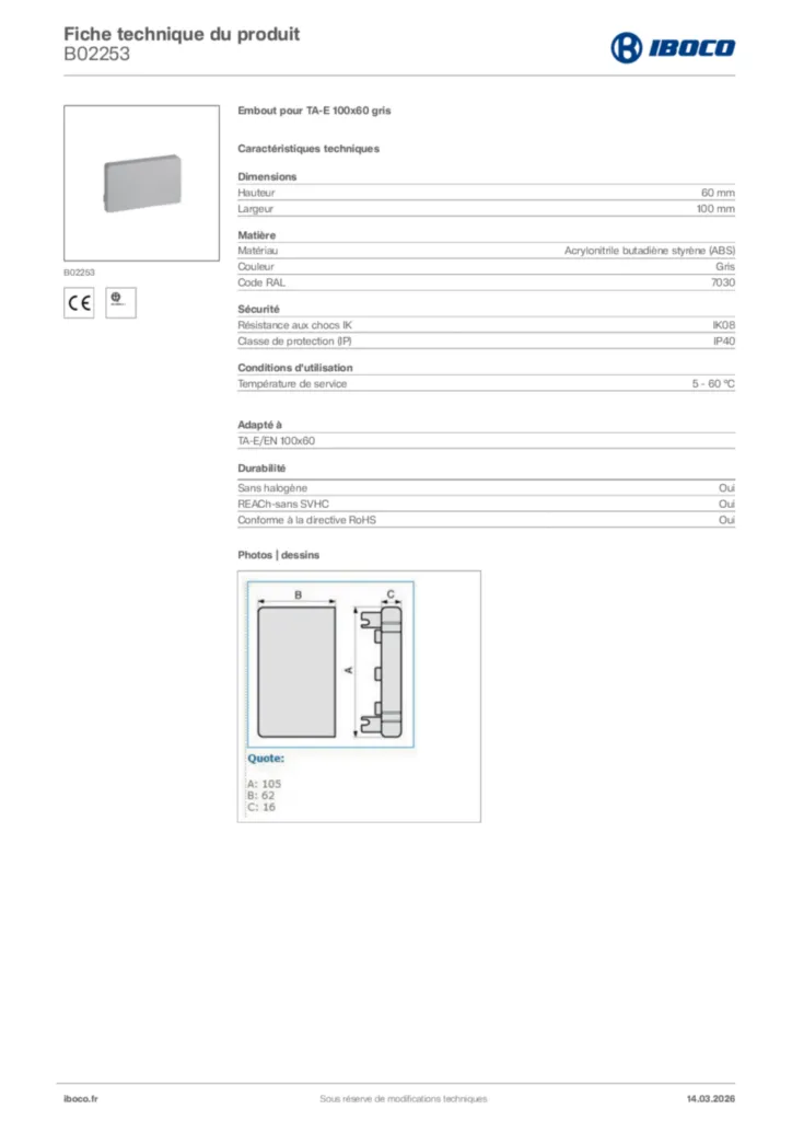 Image Iboco Fiche technique du produit B02253 | Hager France