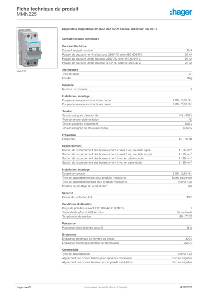 Image Hager Fiche technique du produit MMN225 | Hager France