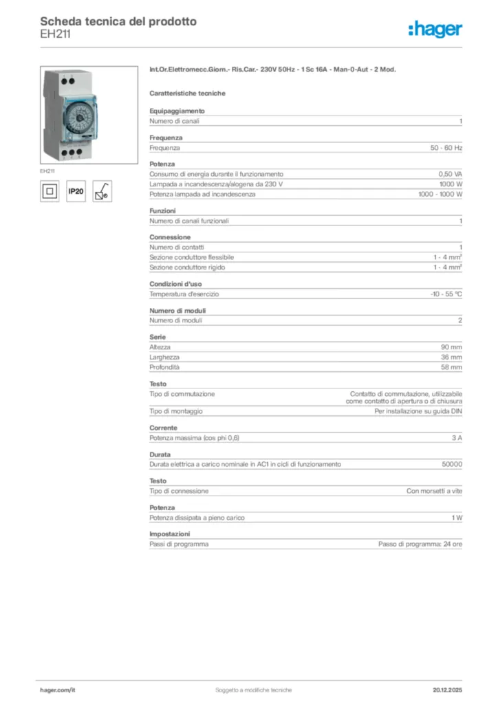 Immagine Hager Scheda tecnica del prodotto EH211 | Hager Italia