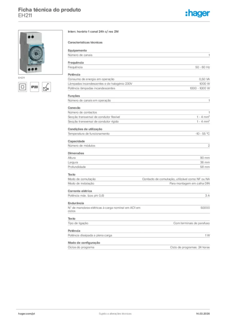 Imagem Hager Ficha técnica do produto EH211 | Hager Portugal