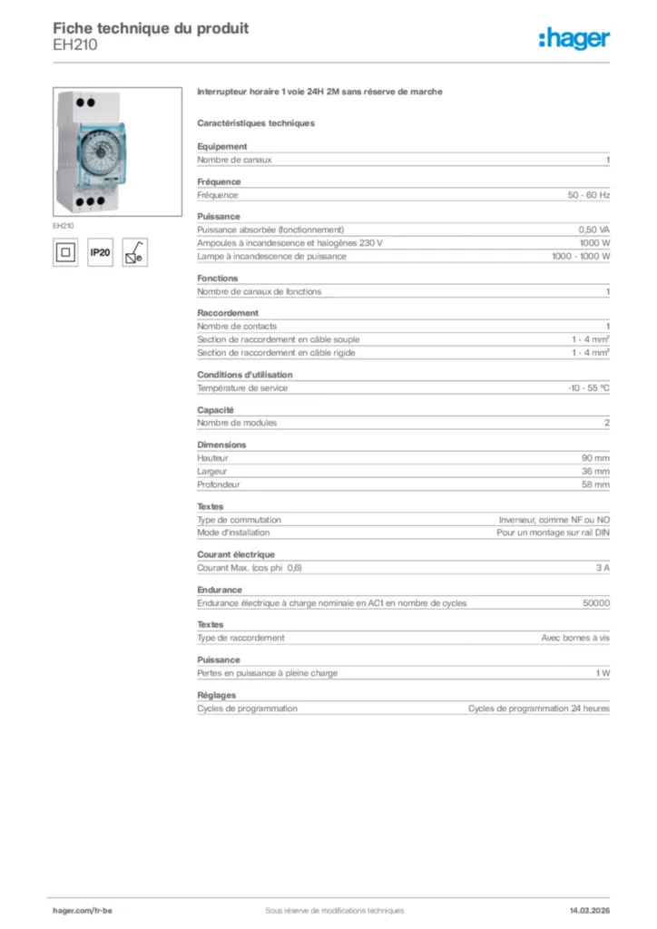 Image Hager Fiche technique du produit EH210 | Hager Belgique