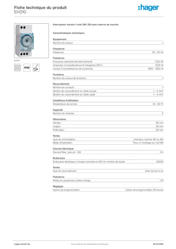 Image Hager Fiche technique du produit EH210 | Hager Belgique