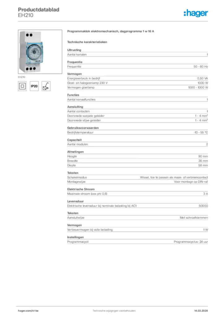 Afbeelding Hager Productdatablad EH210 | Hager Belgium