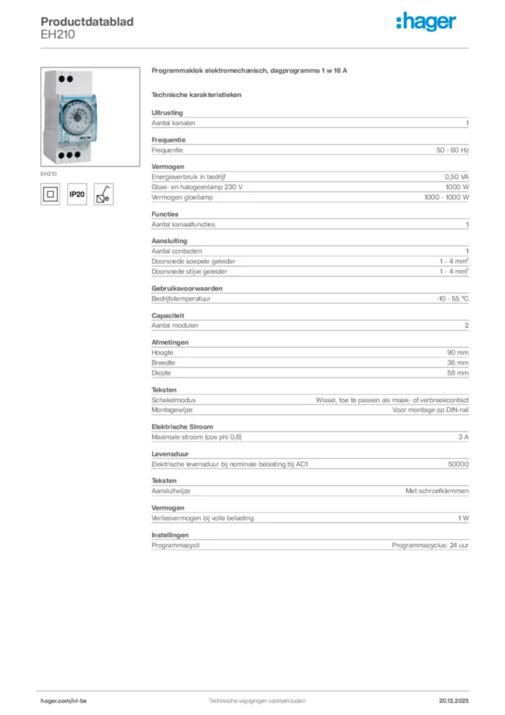 Afbeelding Hager Productdatablad EH210 | Hager Belgium
