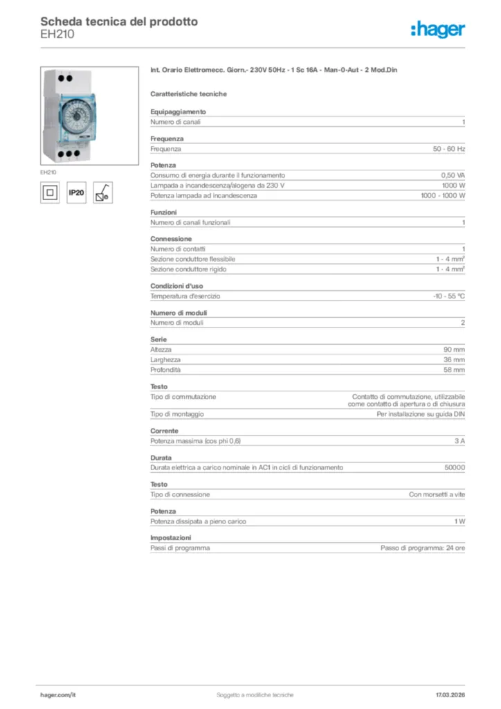 Immagine Hager Scheda tecnica del prodotto EH210 | Hager Italia