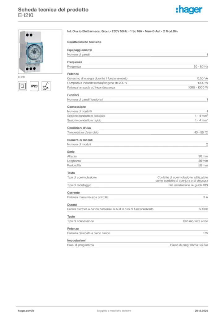 Immagine Hager Scheda tecnica del prodotto EH210 | Hager Italia