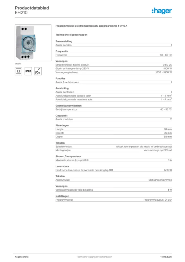 Afbeelding Hager Productdatablad EH210 | Hager Nederland