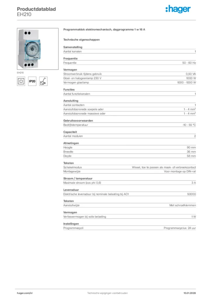 Afbeelding Hager Productdatablad EH210 | Hager Nederland