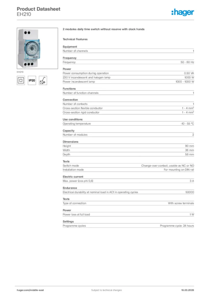 Image Hager Product data sheet EH210  | Hager