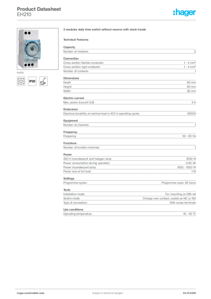 Image Hager Product data sheet EH210  | Hager