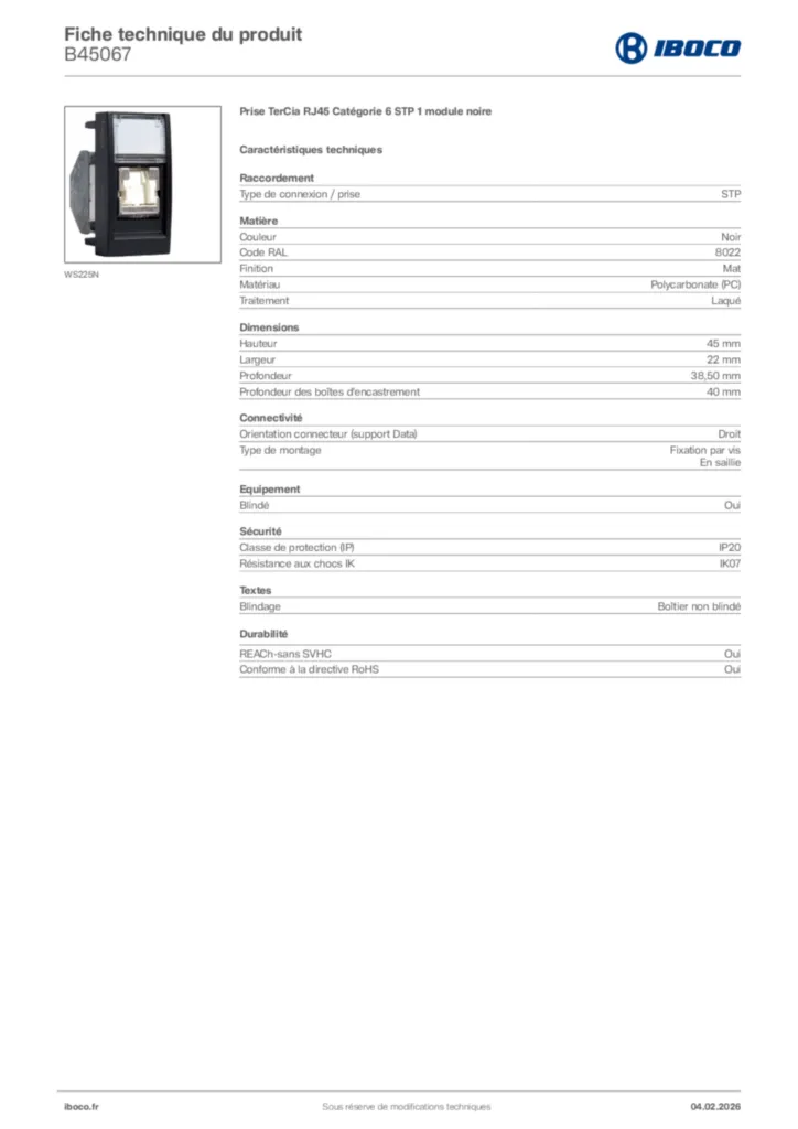 Image Iboco Fiche technique du produit B45067 | Hager France