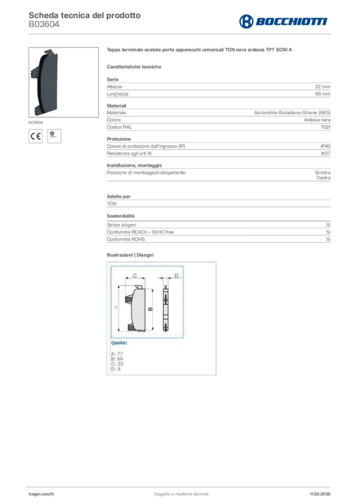 Immagine Bocchiotti Scheda tecnica del prodotto B03604 | Hager Italia