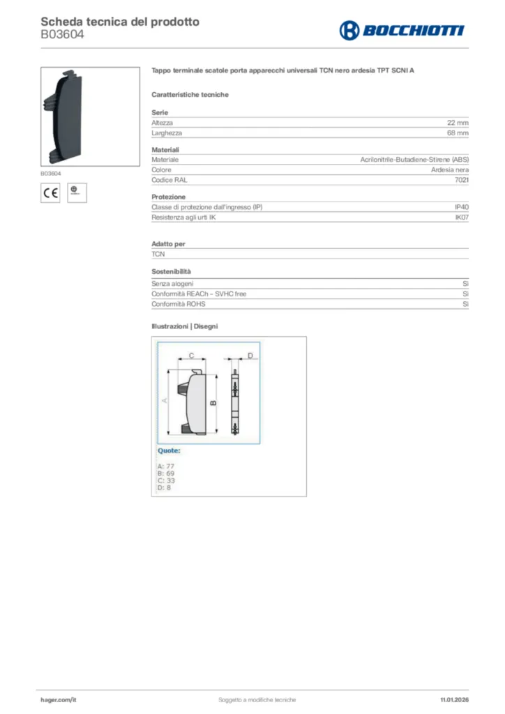 Immagine Bocchiotti Scheda tecnica del prodotto B03604 | Hager Italia
