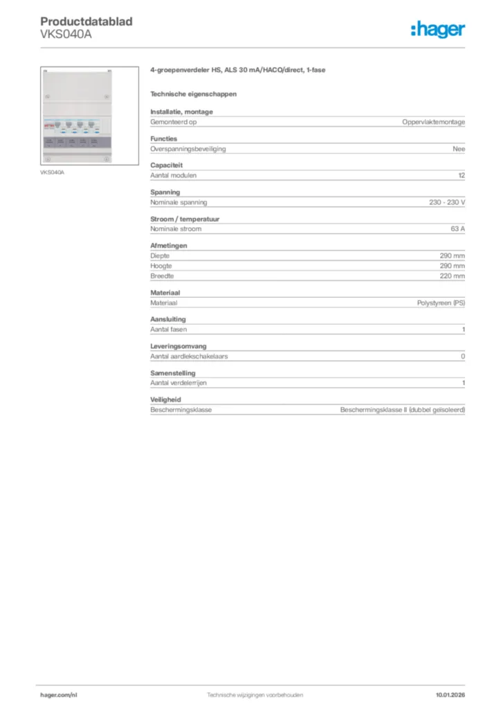 Afbeelding Hager Productdatablad VKS040A | Hager Nederland