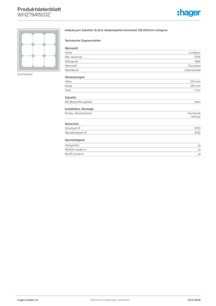 Bild Hager Produktdatenblatt WH27941503Z | Hager Schweiz