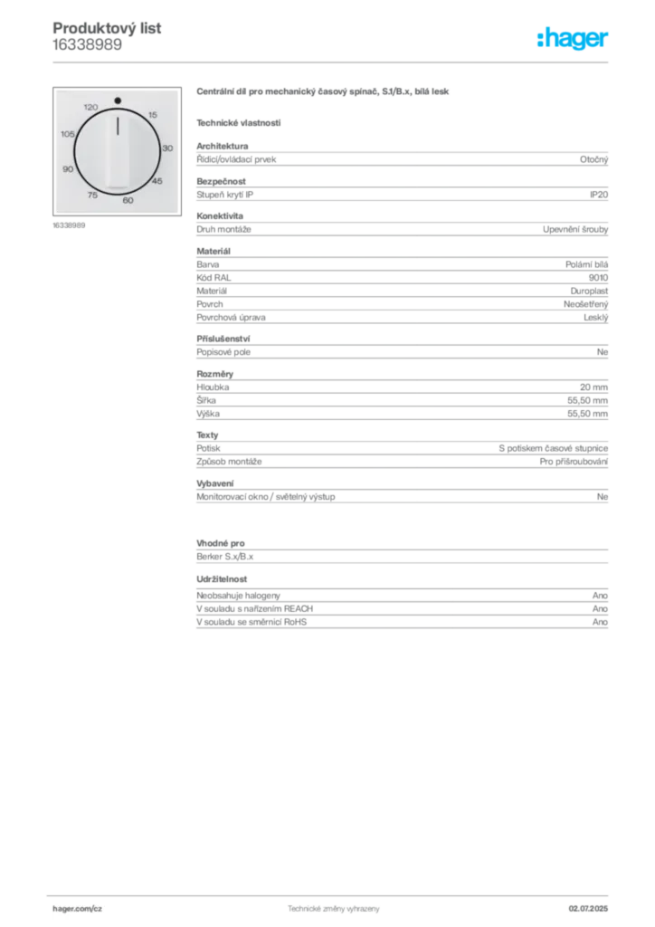 Obrázek Hager Produktový list 16338989 | Hager