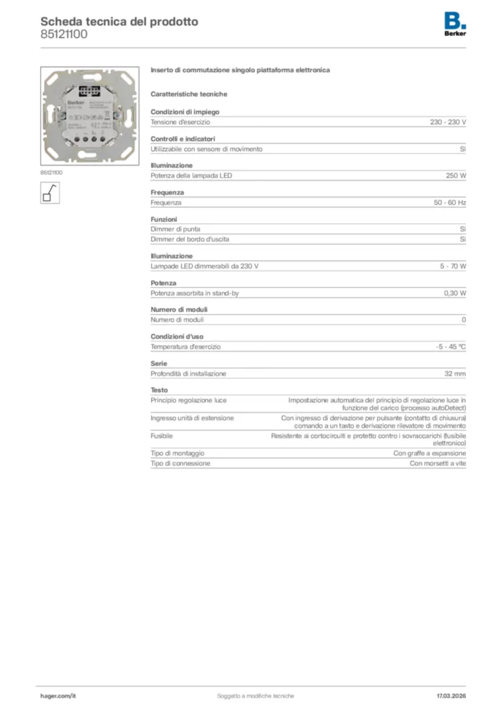 Immagine Berker Scheda tecnica del prodotto 85121100 | Hager Italia