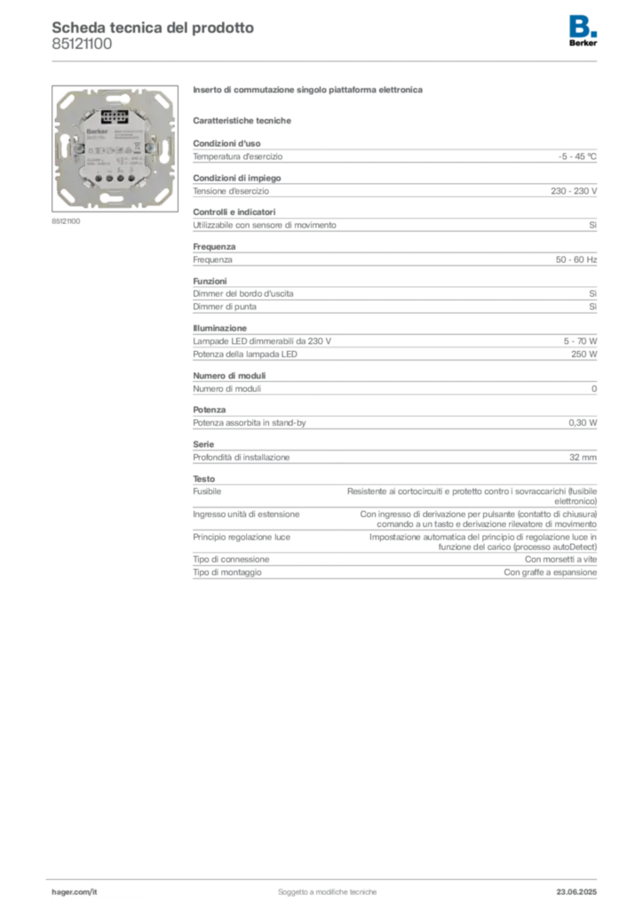 Immagine Berker Scheda tecnica del prodotto 85121100 | Hager Italia