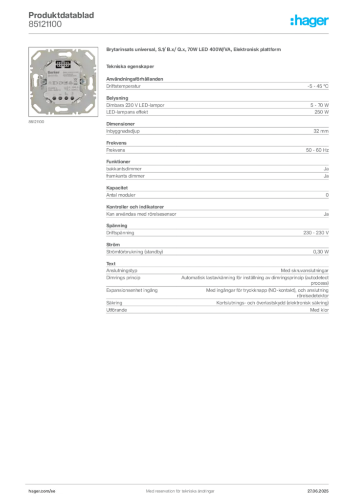 Bild Hager Produktdatablad 85121100 | Hager Sverige