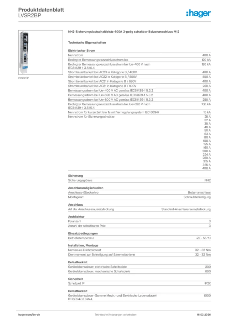 Bild Hager Produktdatenblatt LVSR2BP | Hager Schweiz