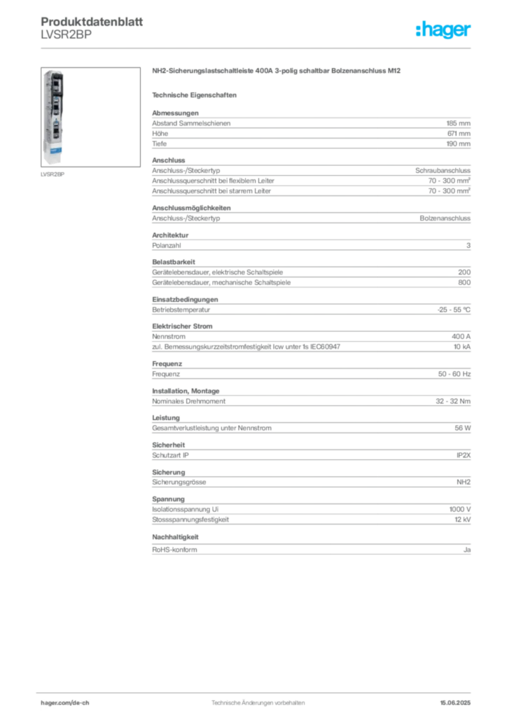 Bild Hager Produktdatenblatt LVSR2BP | Hager Schweiz