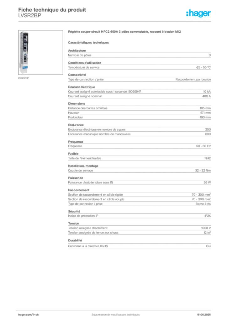 Image Hager Fiche technique du produit LVSR2BP | Hager Suisse