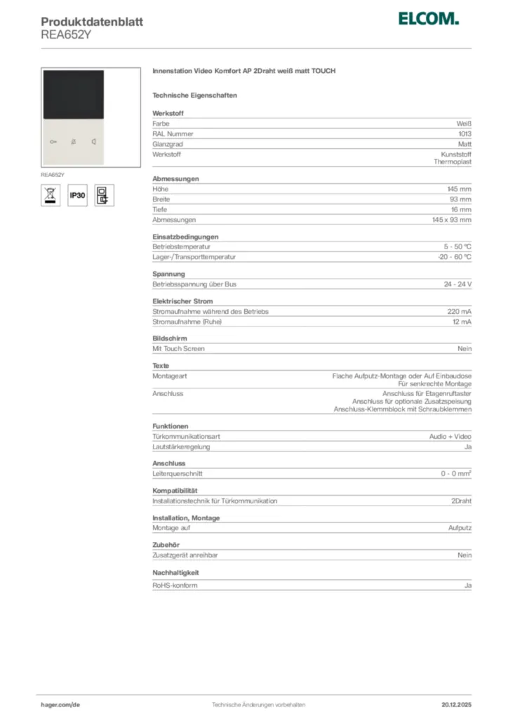 Bild Elcom Produktdatenblatt REA652Y | Hager Deutschland