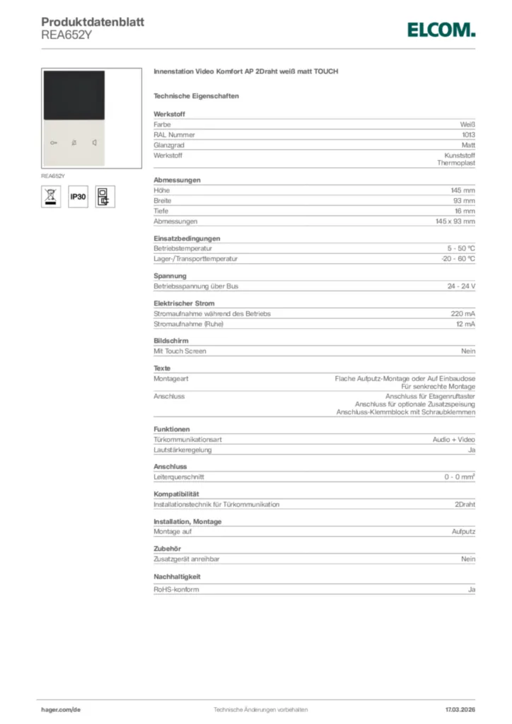 Bild Elcom Produktdatenblatt REA652Y | Hager Deutschland
