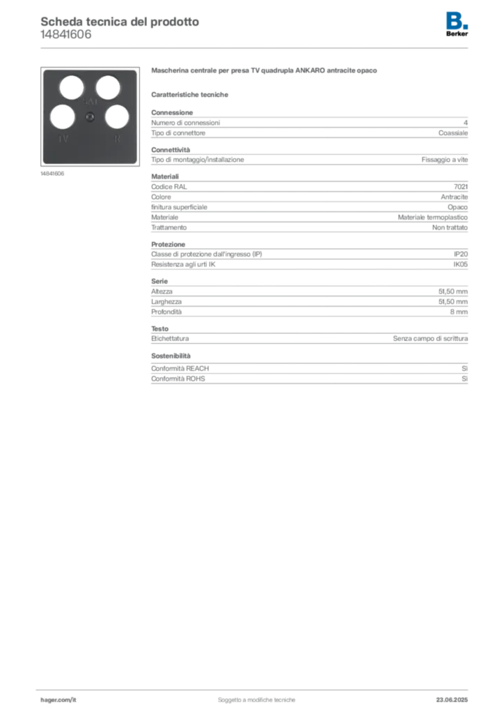 Immagine Berker Scheda tecnica del prodotto 14841606 | Hager Italia