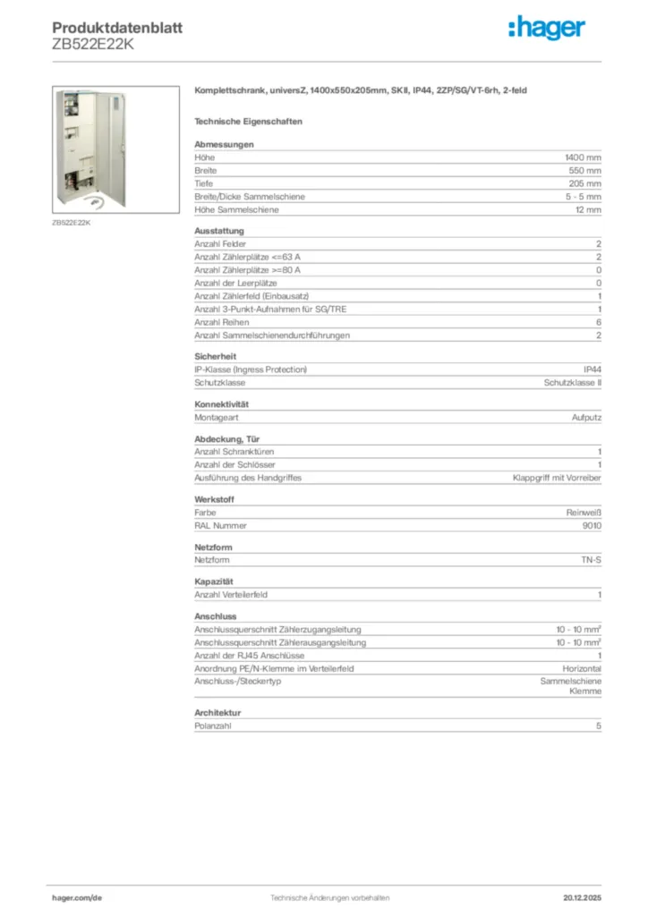 Bild Hager Produktdatenblatt ZB522E22K | Hager Deutschland