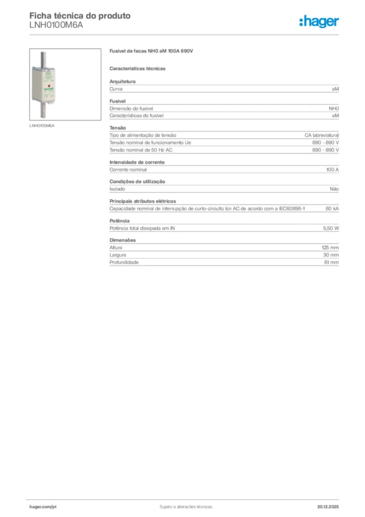 Imagem Hager Ficha técnica do produto LNH0100M6A | Hager Portugal