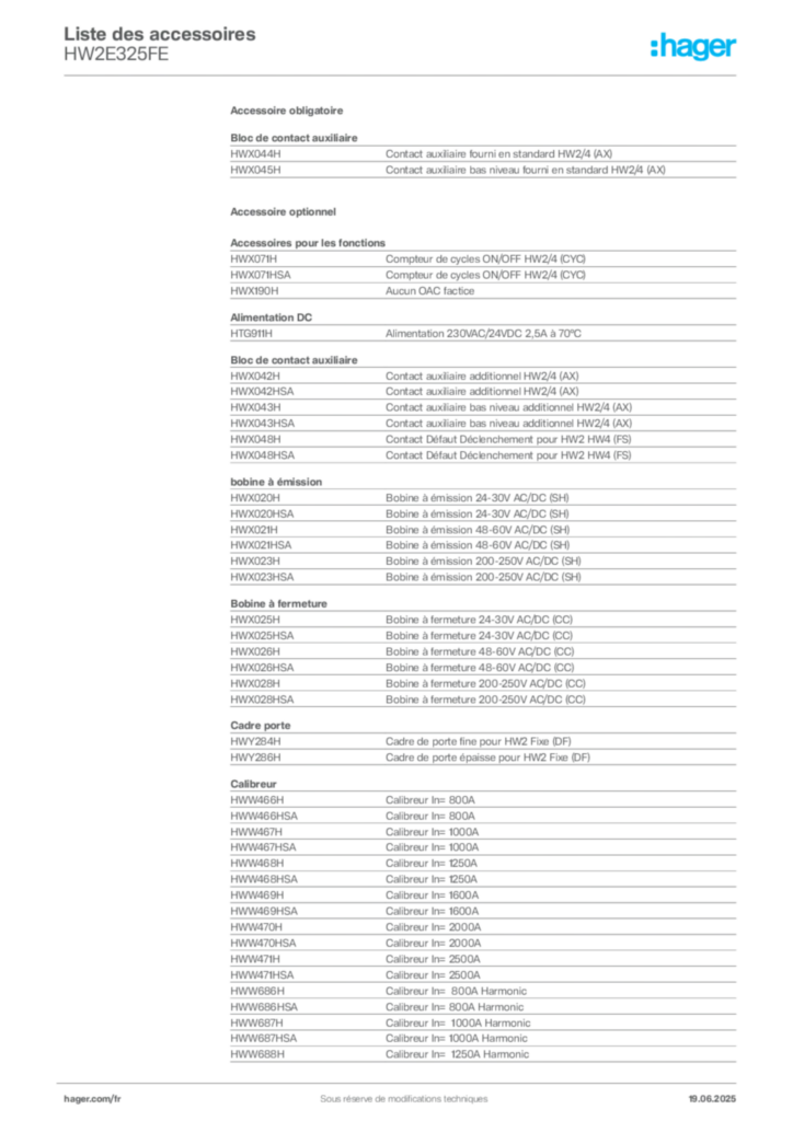 Image Hager Fiche technique du produit HW2E325FE | Hager France