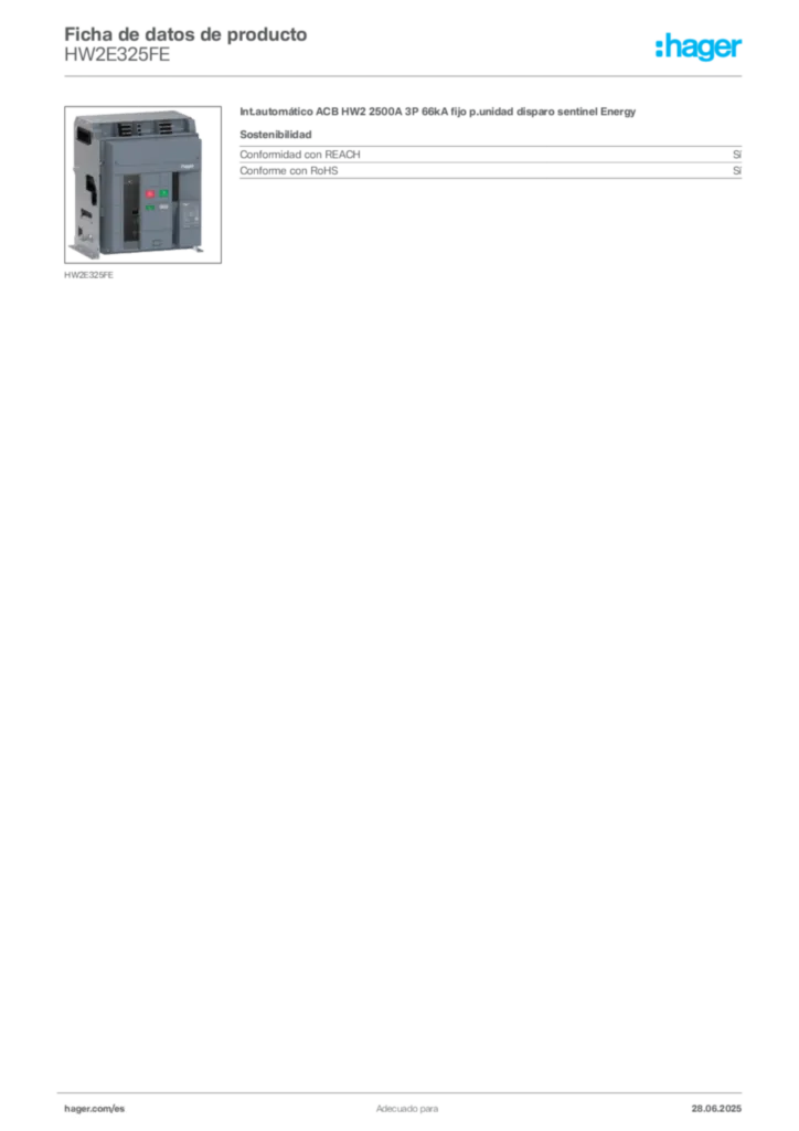 Imagen Hager Ficha de datos de producto HW2E325FE | Hager España