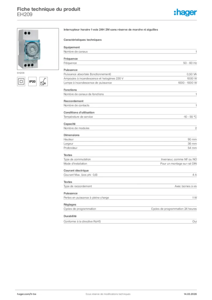 Image Hager Fiche technique du produit EH209 | Hager Belgique